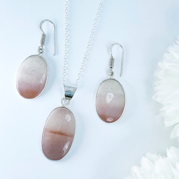 Pink Opal Pendant Necklace and Earrings Set Sterling Silver 925 - Picture 2 of 7